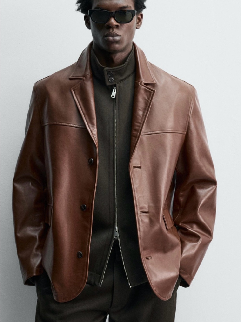 Zara Brown Leather Single-Breasted Blazer Jacket